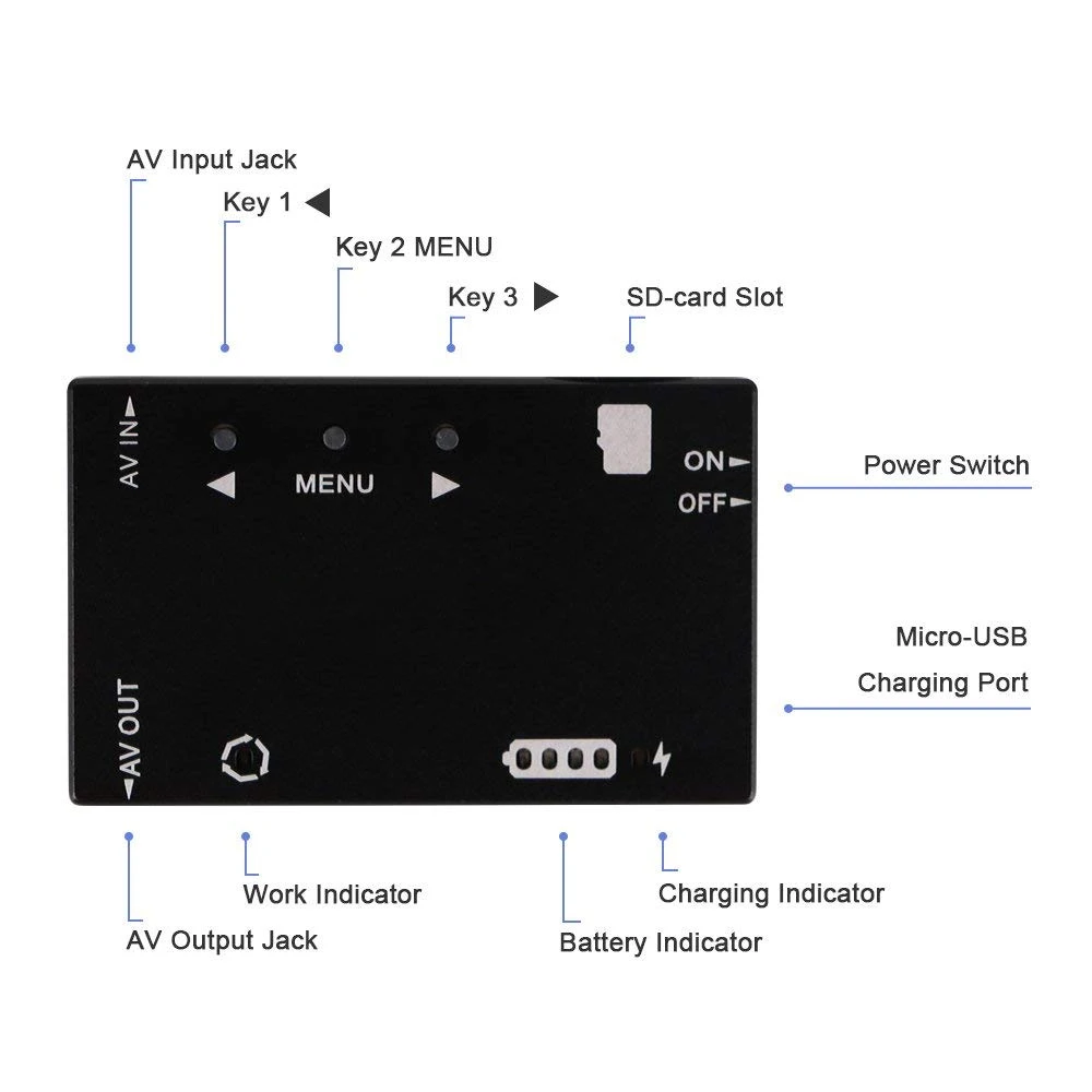 Gravador fpv mini dvr hd 5.8g, microgravador de áudio e vídeo, bateria embutida para rc, drone de corrida, freestyle, receptor, peça do monitor