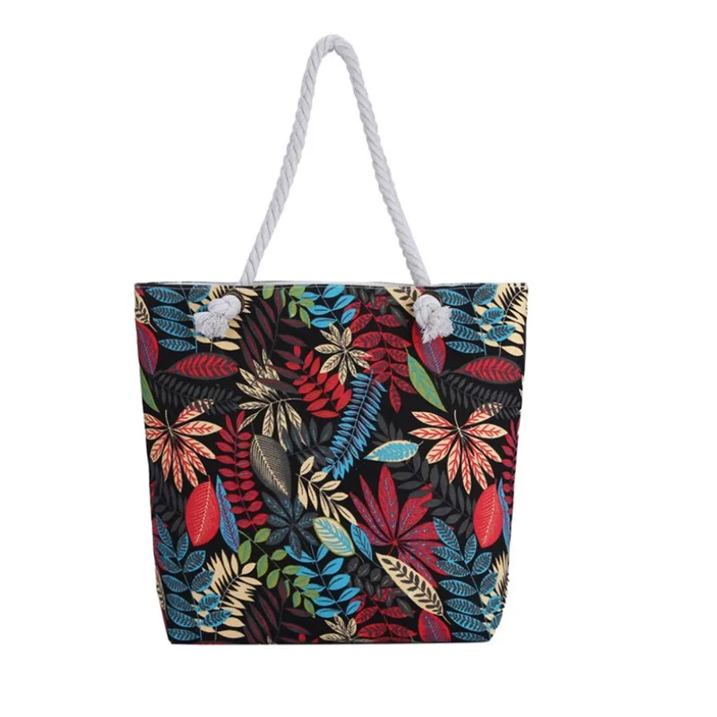 Summer Ladies Flower Printed Canvas Beach Handbag Portable Large Capacity For Female Single Shoulder Casual Tote Bags Dropship