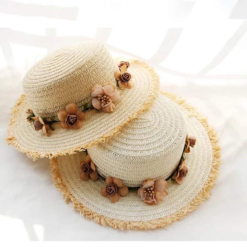 Parent-child sun hat big brim hat brim beach hat handmade flower straw hat girl sun hat summer hat female tide wide brim hat cap