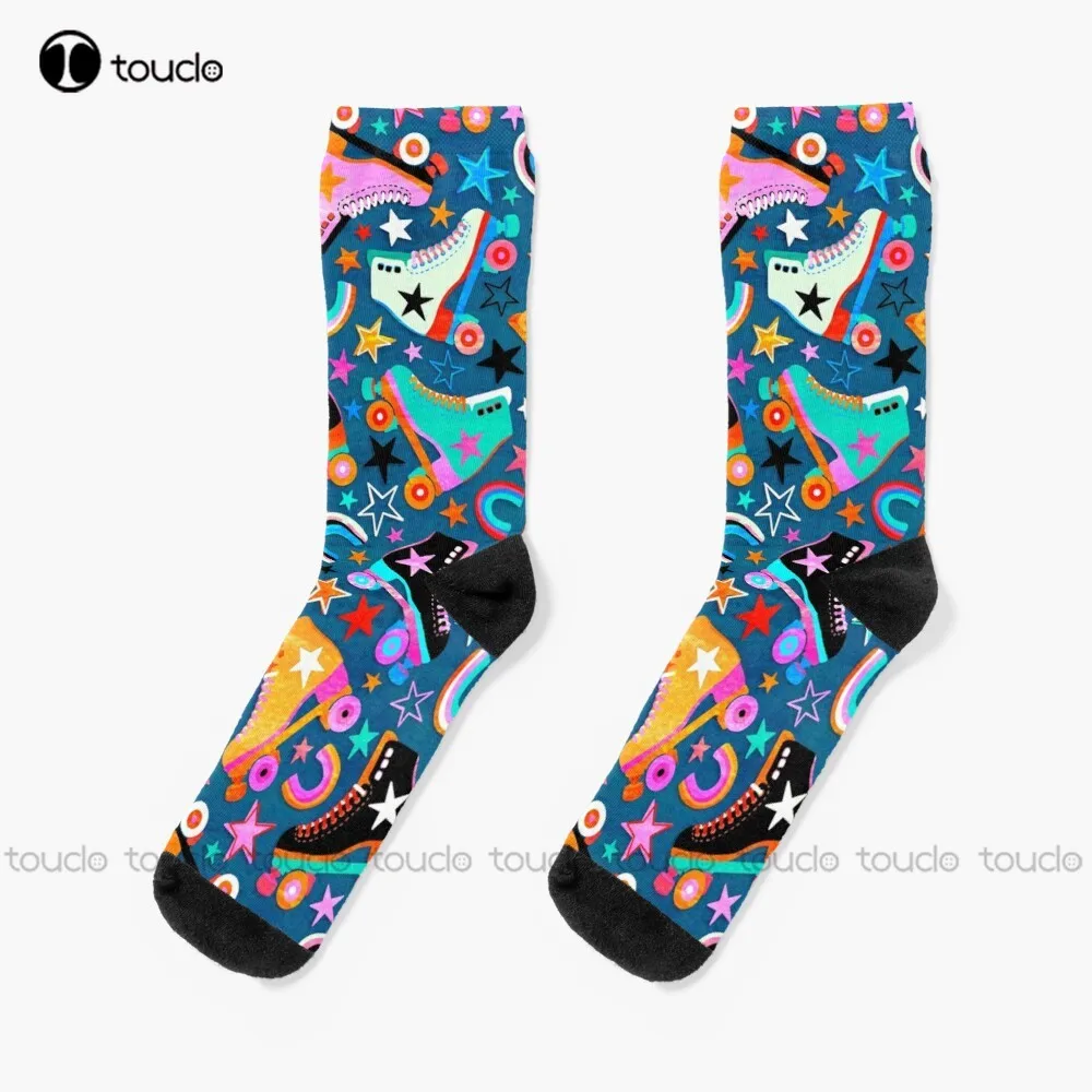 Retro Rainbow Roller Skates And Stars Socks Black Long Socks Christmas New Year Gift 360° Digital Print Personalized Custom