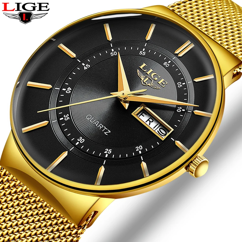 Relogio Masculino 2023 LIGE New Mens Watches Top Brand Luxury Ultra Thin Quartz Watch Men Steel Mesh Strap Waterproof Gold Watch