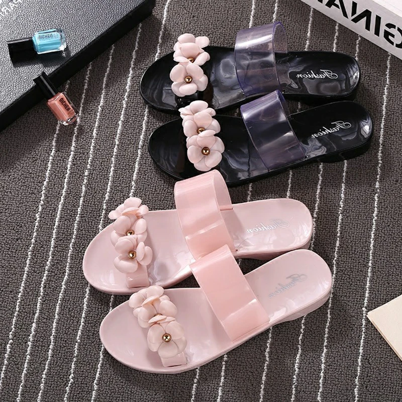 Summer Slippers Women Sweet Flowers Flat with Jelly Shoes Beach Kawaii Womens Waterproof Female Leisure Trendy Outdoor Slides