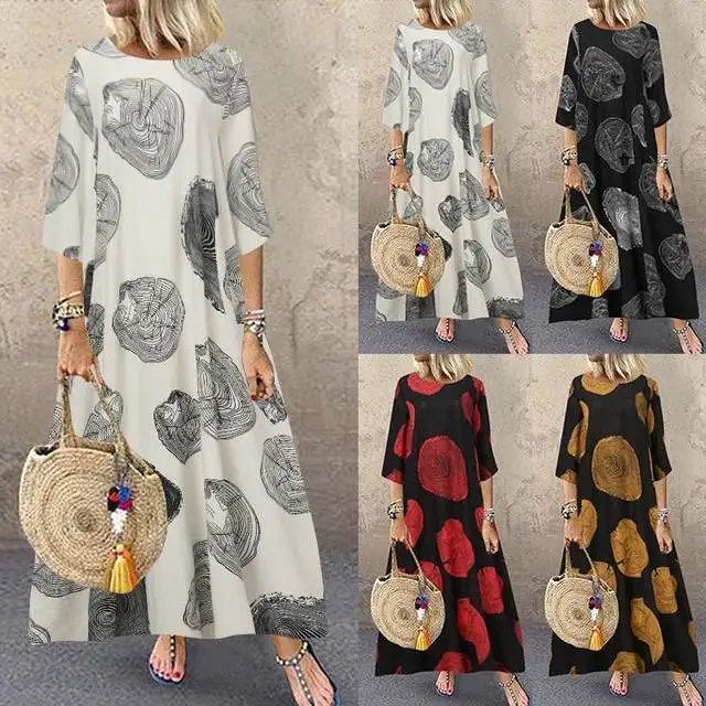 

Printed Maxi Dress Women's 2021 Casual 3/4 Sleeve Long Vestido Female Floral Linen Robe