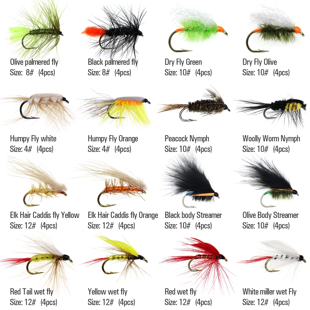 ICERIO 64PCS Dry Wet Flies Nymph Fishing Bait Case Trout Fishing Fly Lures Carp Artificial Baits