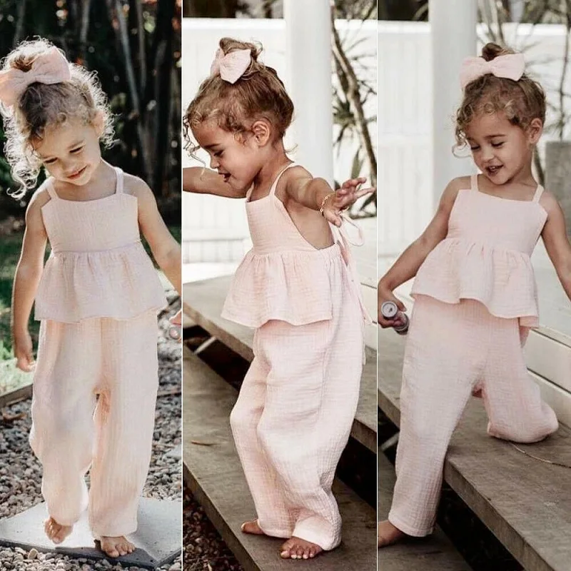 Kids Baby Girls Clothes set Sleeveless Backless Romper T shirt Overalls Jumpsuit Wide Leg Pants Trousers Outfits