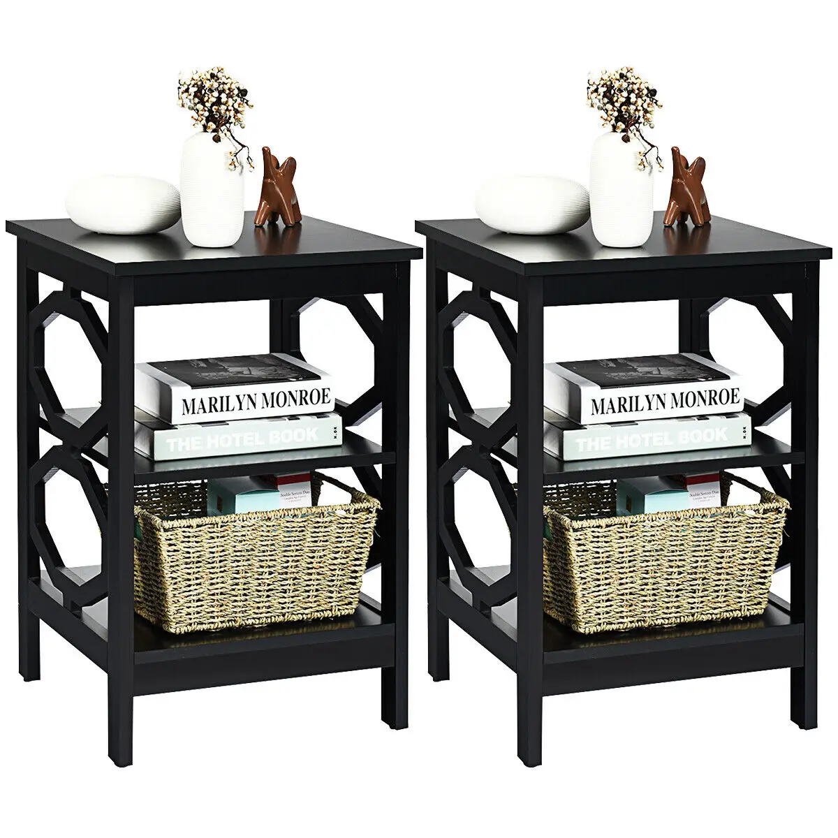 2PCS 3-tier Nightstand Sofa Side End Accent Table Storage Display Shelf