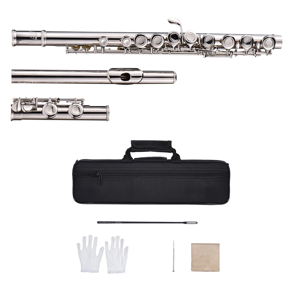 MoonAngel-Western Concert Flute C Key 17 Holes Silver Tone Woodwind Musical Instrument White Gloves Mini Screwdriver Padded Bag