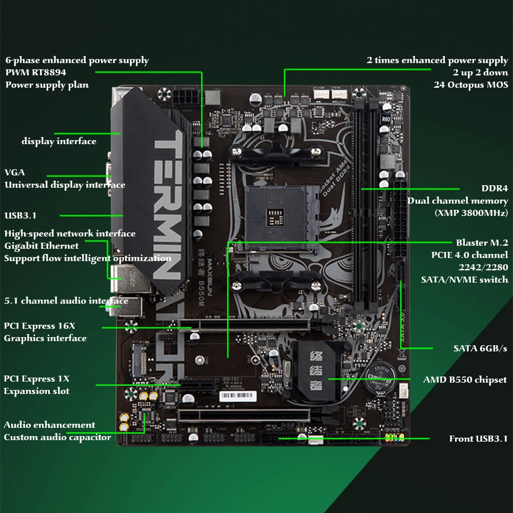 Комплект материнской платы Go MAXSUN для игр, Terminator B550M CPU AMD Ryzen 5 5600 6 Core 12 Thread PCIE4.0 DDR4 8 Гб 3200 МГц RAM M.2 SATA3