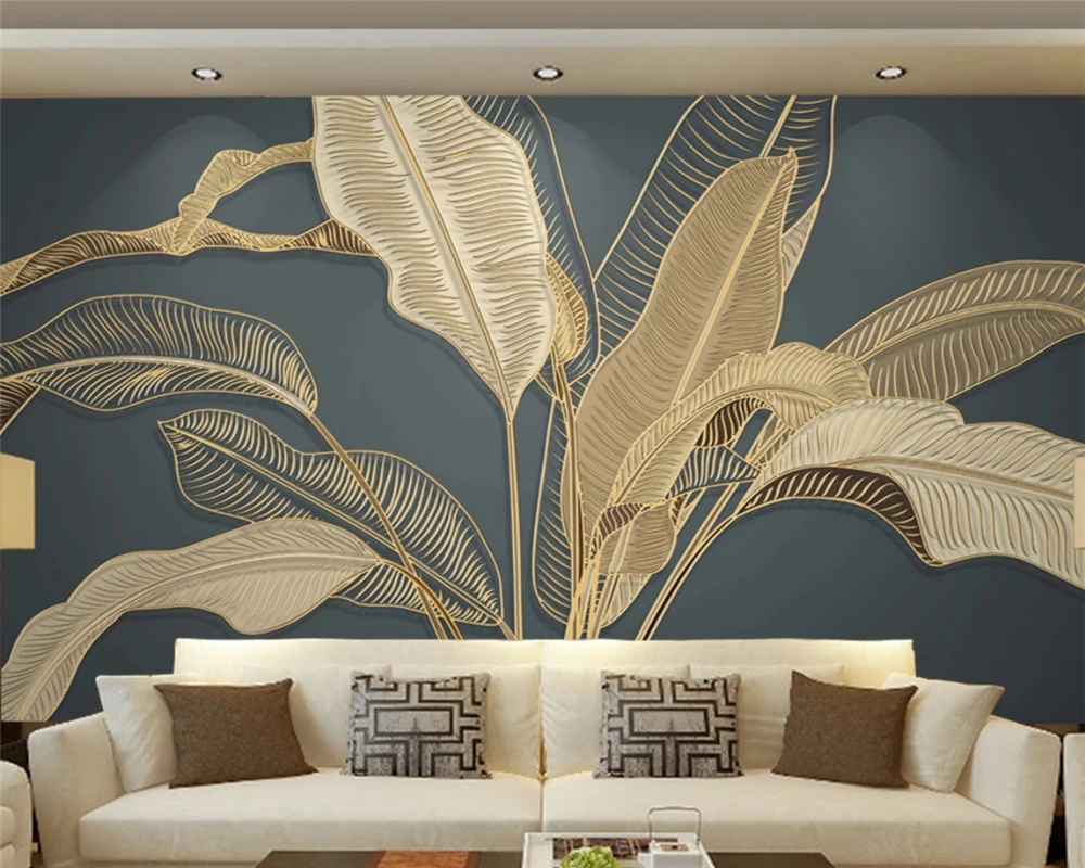 

beibehang Custom atmospheric banana leaf light luxury golden line embossed TV sofa background papel de parede wallpaper