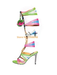 Rome Knee High Sandal Boots Zipper Up Ball Decor Mixed Color Hollow Runway Dress Ladies Sandals Candy Color Open Toe Summer Boot