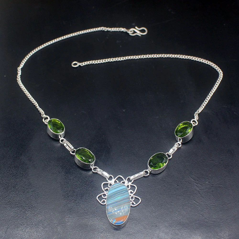 

Gemstonefactory Jewelry Big Promotion Unique 925 Silver Gorgeous Stripe Jasper Green Peridot Women Chain Necklace 44cm 202101478