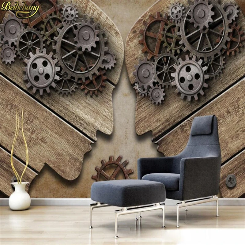 beibehang Custom 3d  wallpaper mural European and American style retro industrial gear personality wood grain background wall