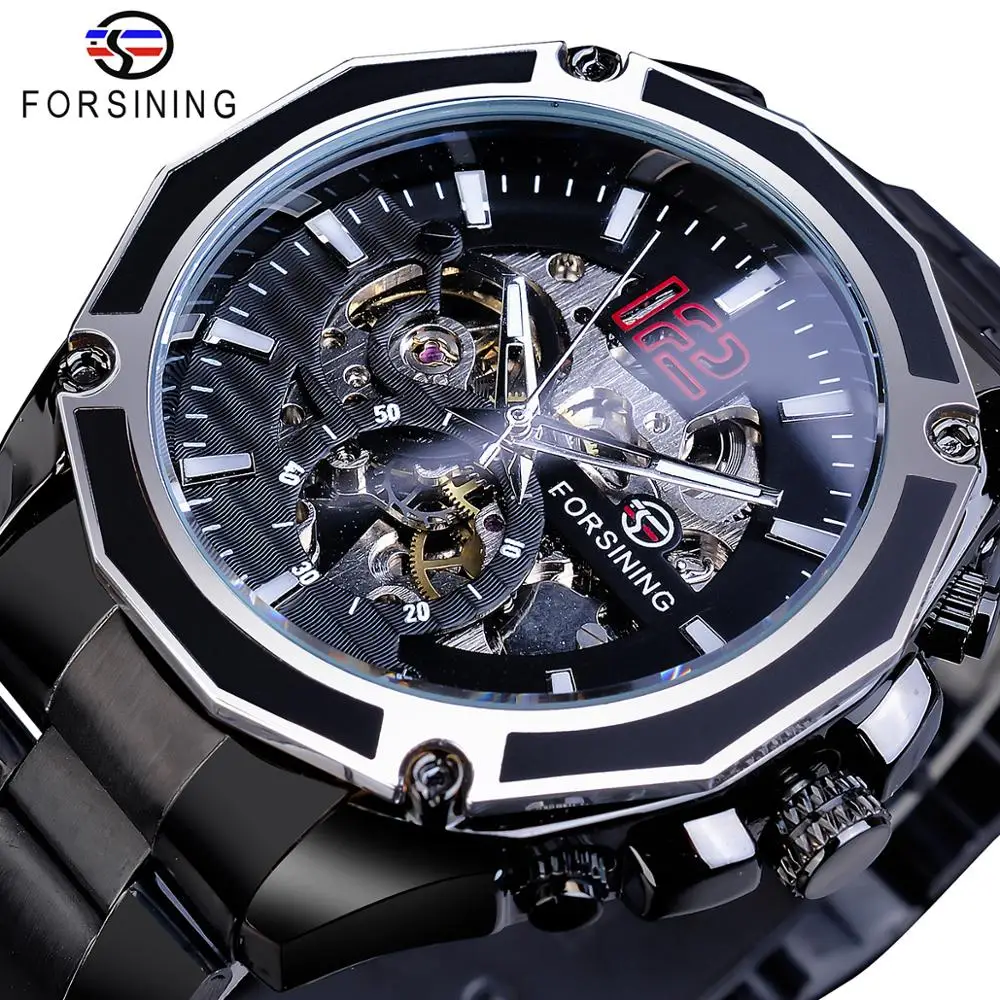 Forsining-Reloj de pulsera para hombre, accesorio masculino de acero negro Steampunk, con esqueleto militar, automático, mecánico