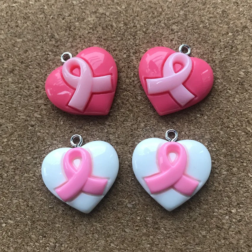 20Pcs/Lot 23mm*20mm  Resin Fatback Heart With Breast Cancer Ribbon Hope  Accessories Jewelry Diy Necklace/Bracel