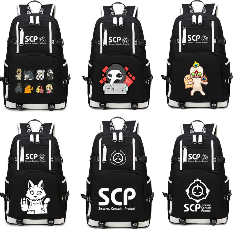 SCP Secure Contain Protect Backpack Black Bookbag Cartoon School Bags SCP  luminous Travel Bagpack USB Laptop Shoulder Bags