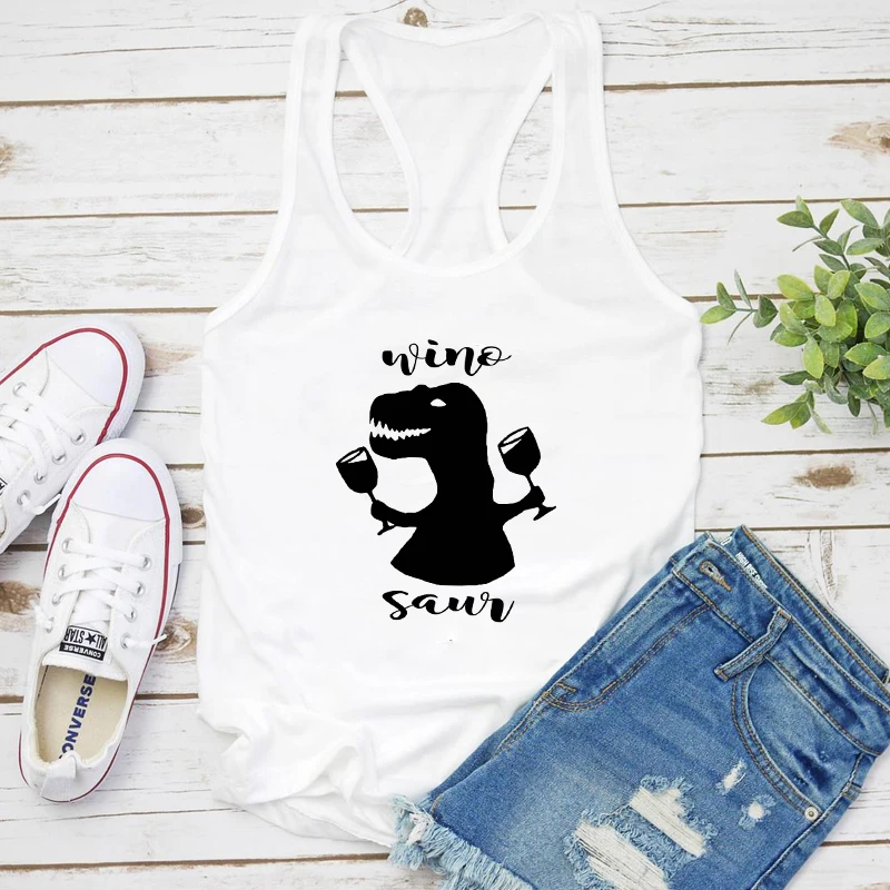 Wino Saur 100% Cotton Tanks Funny Graphic Wine Lover Gift Tops Women Raceback Dinosaur Drinking Tank