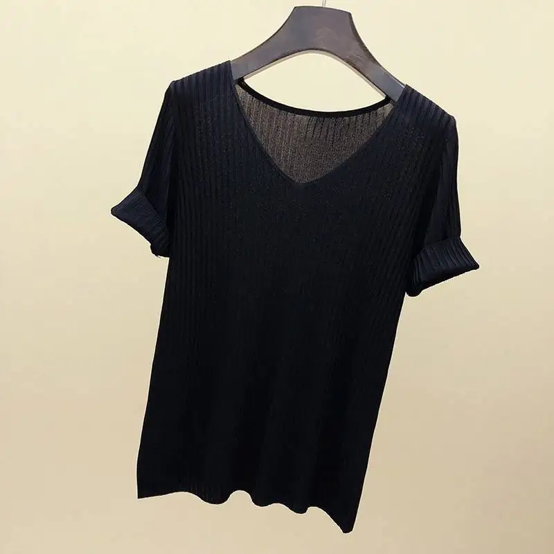 AOSSVIAO 2026 Basic V-Ausschnitt Einfarbiger Dünner Sommer Damen Pullover Weiblicher Dünner Gerippter Strickpullover Schlanker Kurzarm Bodycon Pullover – Detail 8
