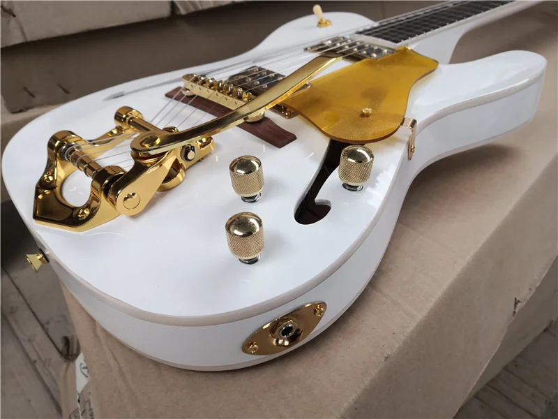 Order booking 6 string white  guitar,semi hollow guitar,tremolo bridge,golden pickups,gold swtich,f hollow ,white binding