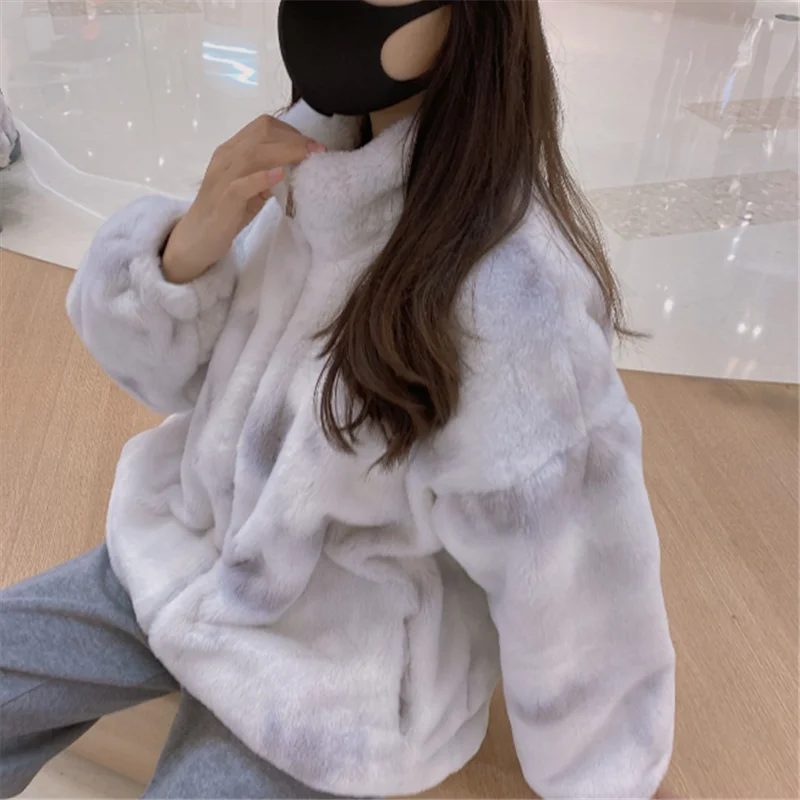 Autunno inverno donna Tie Dye Faux Rabbit Fur Coat coreano allentato Stand colletto manica lunga caldo Casual corto capispalla femminile peluche