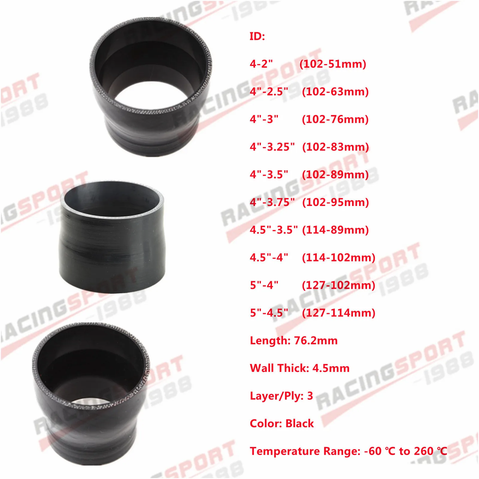 

0 Degree Silicone Tubing Hose Reducer Intercooler Turbo Intake Pipe Coupler Hose Multiple Sizes Length 76.2mm