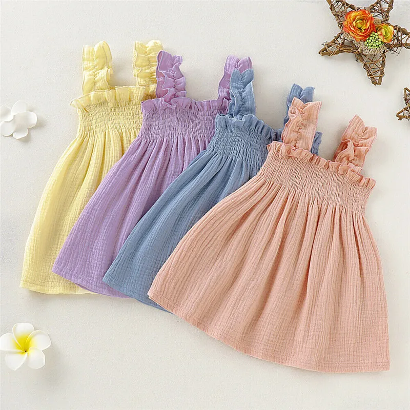 Toddler Kids Girl Princess Dress Cotton Linen Solid Ruched Tutu Summer Outfits Pink Cute Dress 12M-5T 2020 Newest Trendy