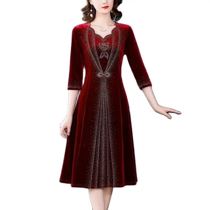 Women High Quality Diamonds Dress 2024 Spring Autumn Fashion New Middle-Aged And Elderly Mother Temperament Long Dress Elegant