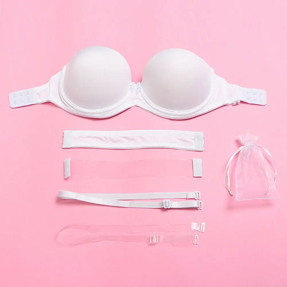 Vgplay Push-up Women Bra Solid White Padded Strapless Lingerie Backless Transparent Strap Halter Bralette Big Cup A B C D E