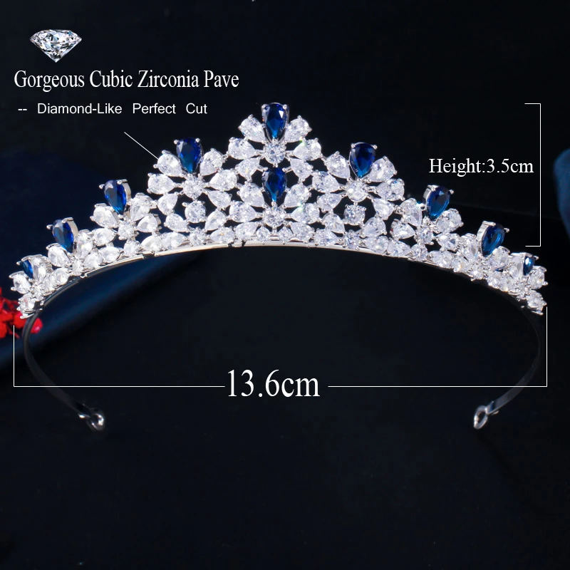 CWWZircons Royal Blue Cubic Zirconia Big Cluster Flower Queen Crown Tiara Bridal Wedding Headwear Hair Accessories Jewelry A027