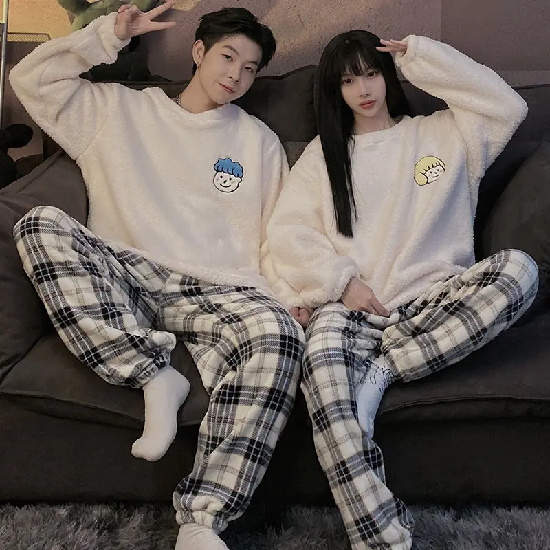 QWEEK Winter Pajamas for Couples Velvet Pyjama Pour Femme Korean Style Room Wear Pijamas Feminino Long Sleeve Sleepwear Set