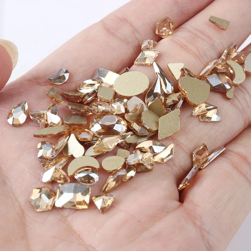 30/100pcs Mix Shape Champagne Glass Crystal Flat back 3D Nail art Rhinestone for DIY Nails art Decoration Accessories