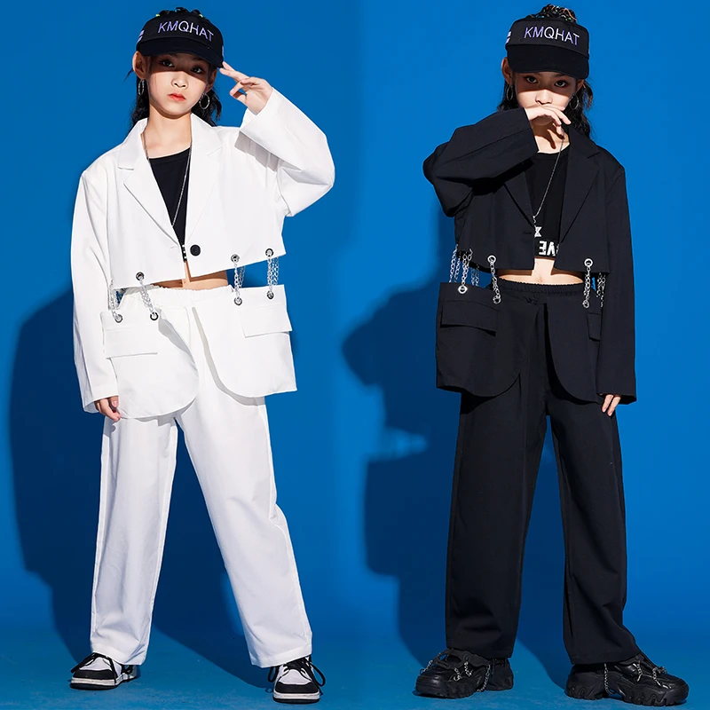 Fashion Jazz Dance Costume Hip Hop Clothing Girls Long Sleeves Suit Chain Splicing Coat Kids Catwalk Concert Stage Wear BL7678