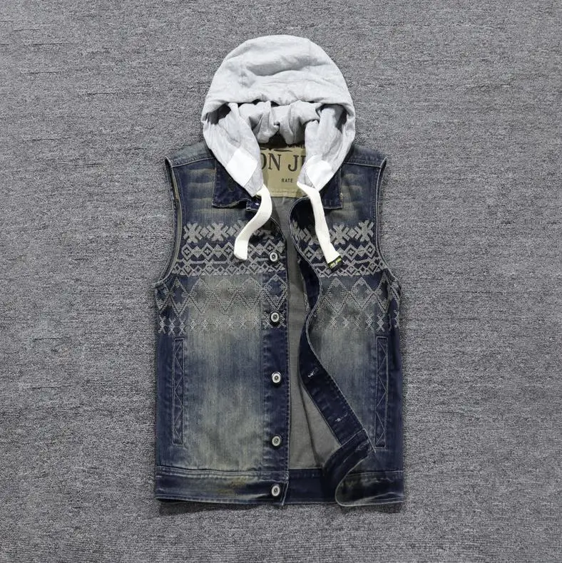 

Casual Detachable Men's Hooded Denim Vest Slim Vintage Blue Sleeveless Jackets Tank Top Diamond Embroidery