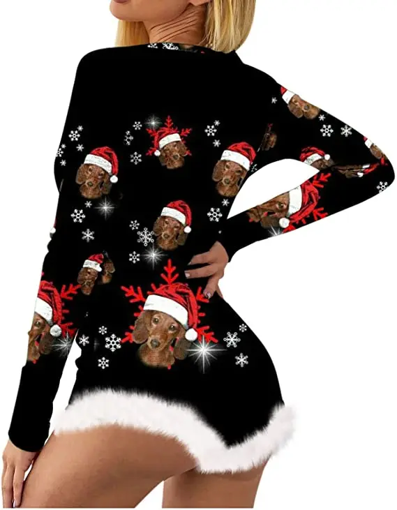 Women\'S Christmas Sexy Romper Pajamas Print Bodysuit Shorts Sleepwear Girls Women Long sleeves Thermal Underwear New Homewear