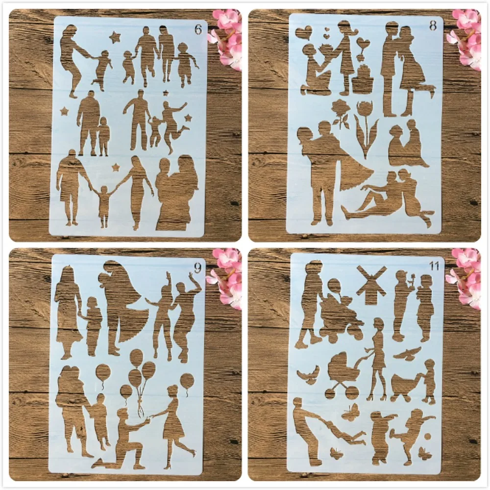 4Pcs A4 29cm Family Lover Children Parent DIY Layering Stencils Painting Scrapbook Coloring Embossing Album Decorative Template