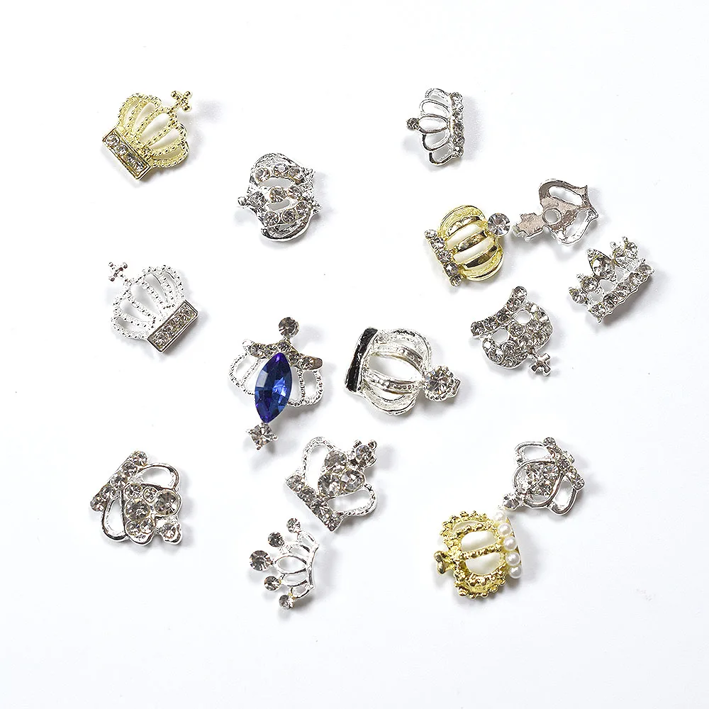 20Pcs Random Mixed 3D Chic Alloy Rhinestones Crown Silver Nail Art Decoration Tip Glitters DIY Nail Drill Stickers Glue on