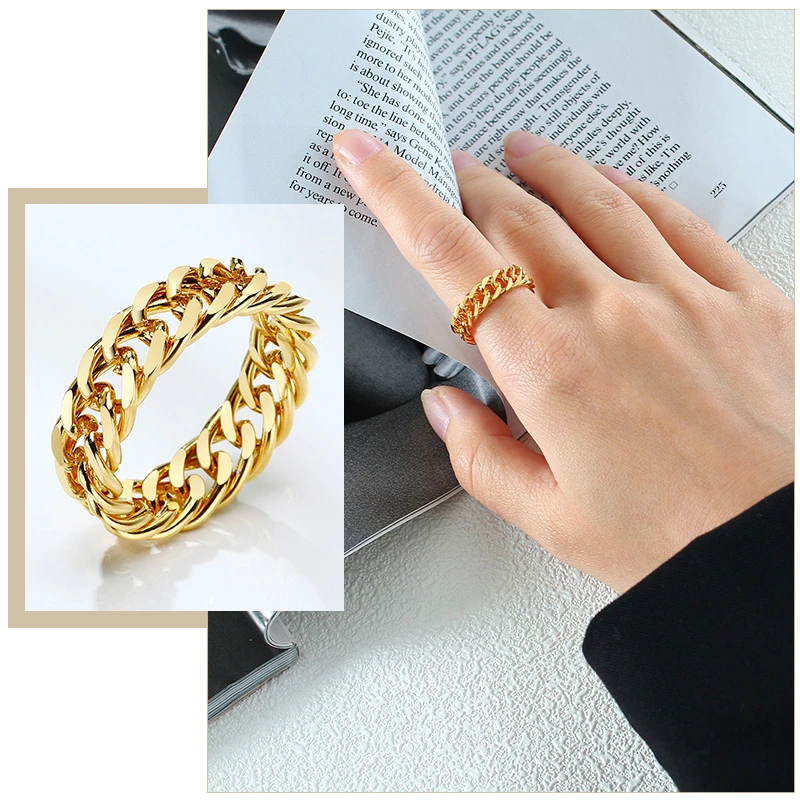 2023 Gold Color Chains Rings for Women, 6/7/14mm Stainless Steel Curb Chain Wedding Band, Chic Minimalist Finger Ring Jewelry