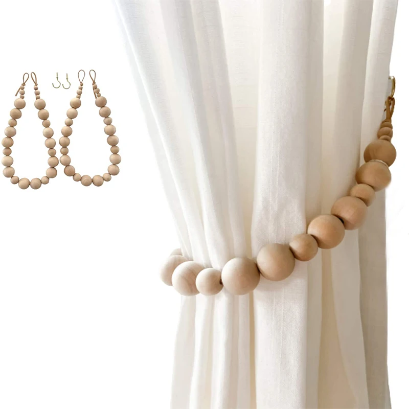 2Pcs Curtain Tiebacks Natural Wood Beads Tie Backs Drape Farmhouse Garland Curtain Holders Window Boho Decor Accessories