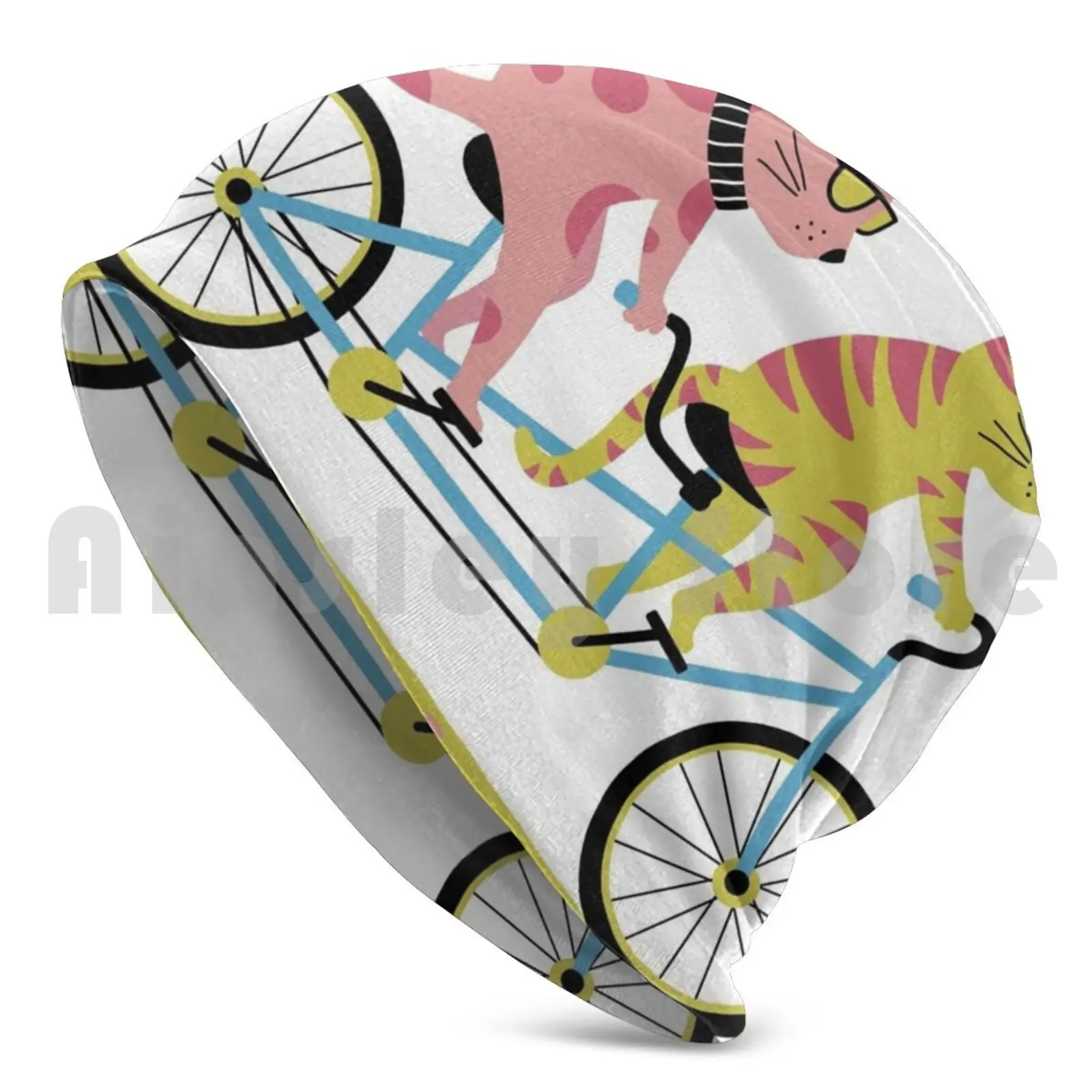 Tandem Bike Cats Beanies Pullover Cap Comfortable Cat Cats Animals Bicycle Bike Tandem Bike Friends Pair Duo Summer