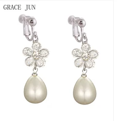 GRACE JUN 5 Colors for Choose Cubic Zircon Flower Dangle Drop Earrings Luxury Fashion Bridal Wedding Clip on Earrings No Pierced