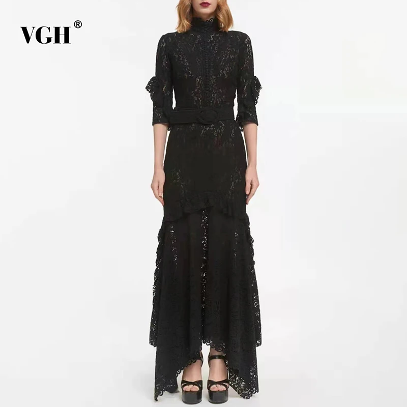 

VGH Black Lace Panel Sashes Slim Long Dress Female Turtleneck Half Sleeve High Waist Maxi Dresses For Women 2021 Autumn Clothing