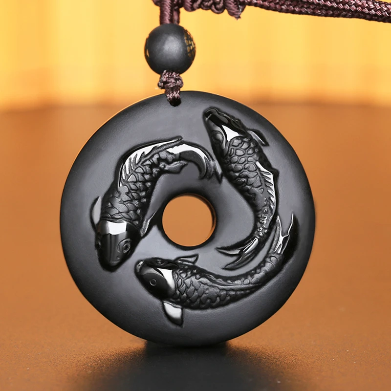 Natural Obsidian Three Carp Circle Necklace Pendant Hand-carved Black Gem Donut Lucky Amulet Unique Gift