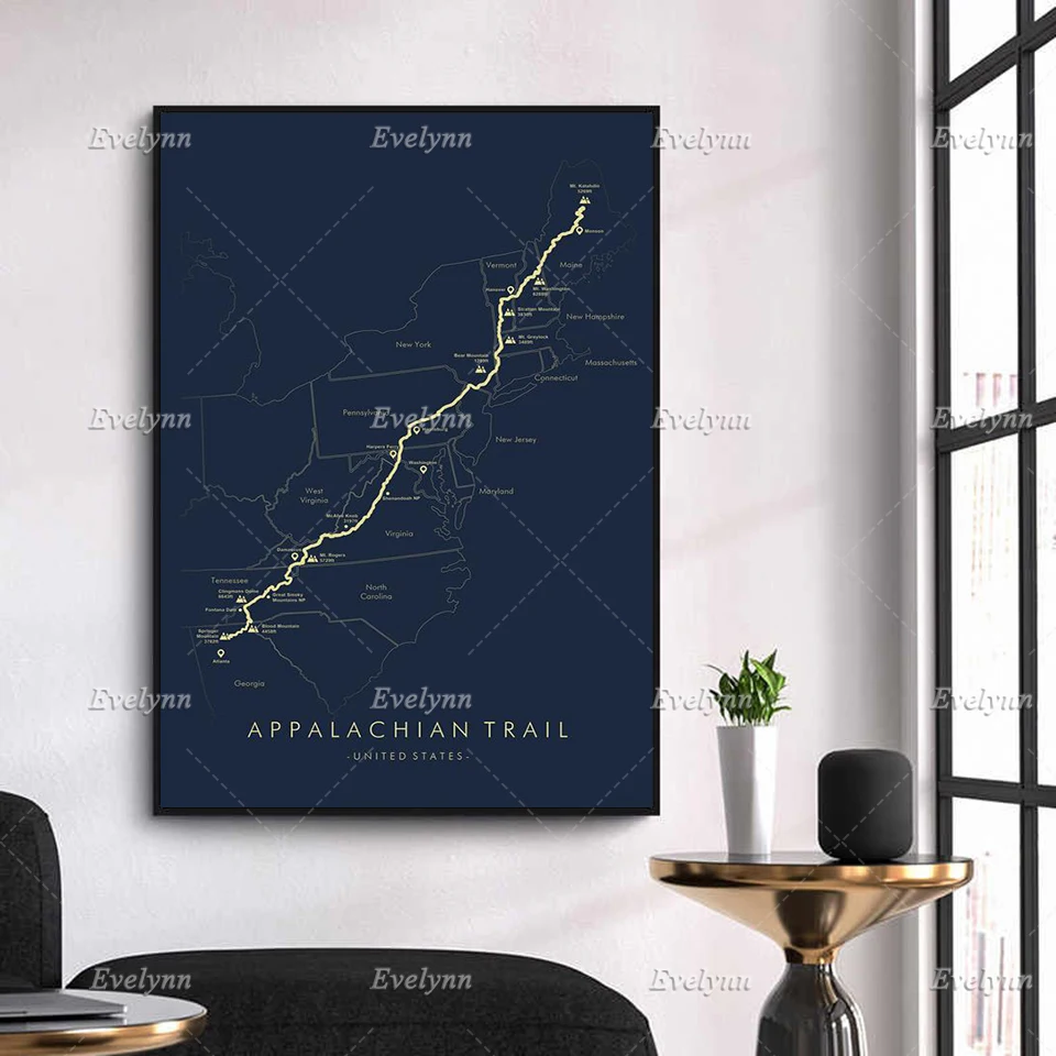 Appalachian Trail Map | AT Hiking Trail Map | AT Poster |Trail Map Art | Relive your Adventures Modern Home Decor Prints Canvas