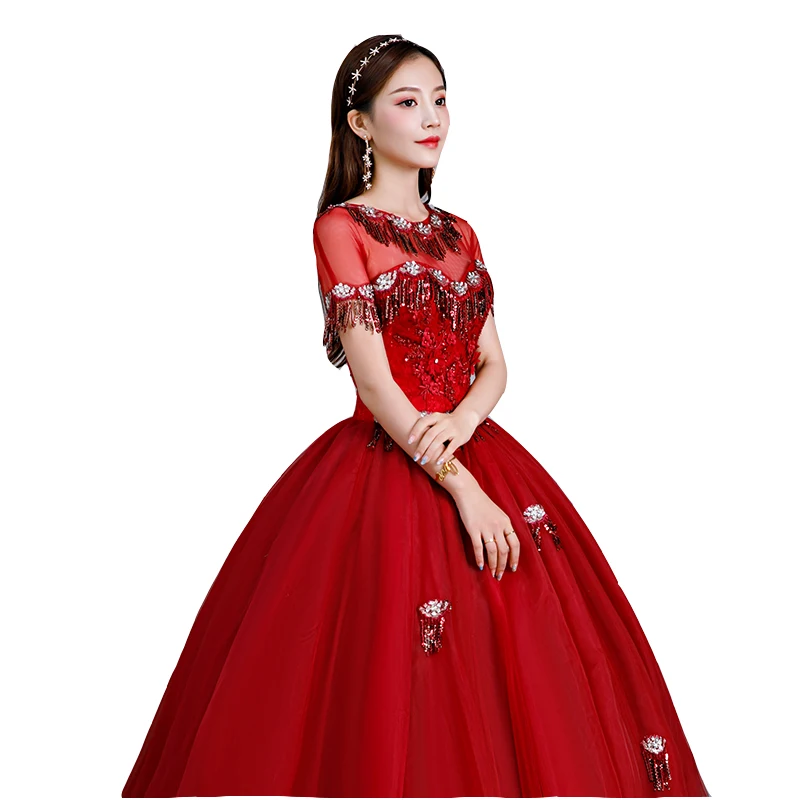 2022 Elegent 와인 레드 Tulle Quinceanera 드레스 긴 가장 무도회 드레스 Vestidos 드 15 Anos Applique 페르시 파티 볼 가운