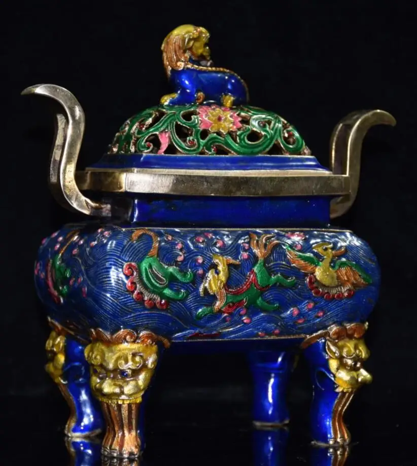 China brass cloisonne lion Incense burner crafts statue