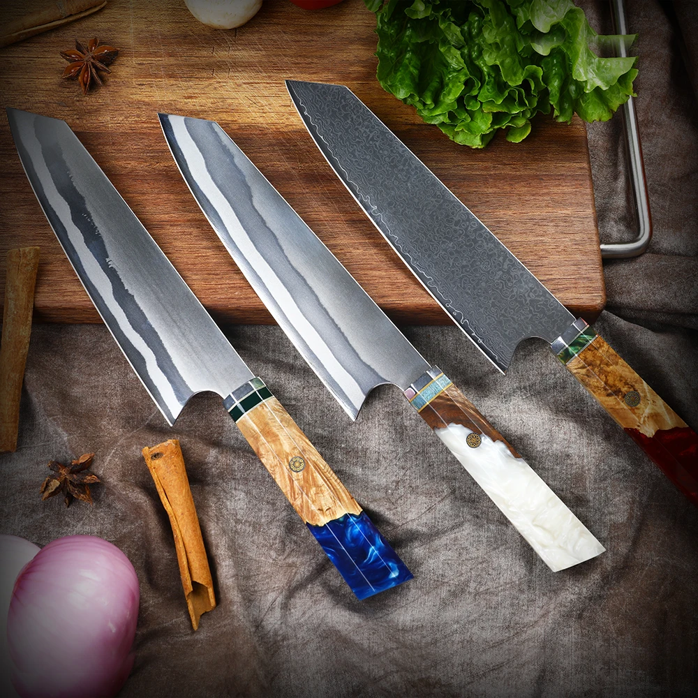 WAK 8 inch 440C Stainless Steel Chef Knife with Burning Blade Resin Turquoise Handle Butcher Knife Kitchen Sashimi Knife