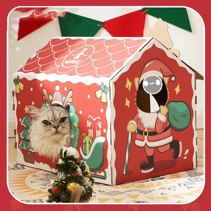 Hoopet Christmas Pet Sleeping House Cardboard Playing for Cats Small Dogs Scratacher Cat Condo Cozy Furniture for Four Seasons