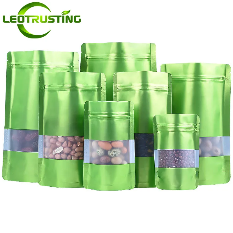 

100PCS Stand Up Matte Green Aluminum Foil Window Ziplock Bag DIY Food Beverage Snack Coffee Spice Cereals Dates Storage Pouches