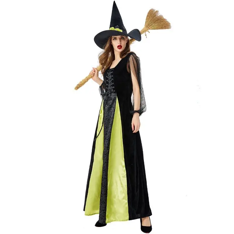 M-XXL Black And Green Women Halloween Witch Costumes Female Sorceress Cosplay Carnival Purim Parade Stage Role Play Party Dress