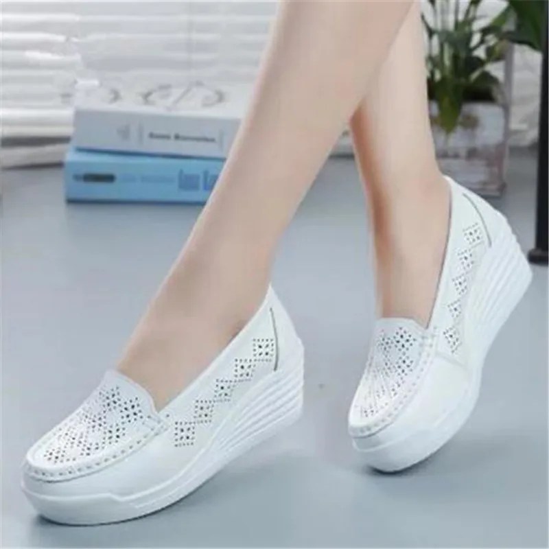 Women\'s Shoes New Women\'s Genuine Leather Sneakers Platform Shoes Wedges White Lady Casual Flats Comfortable Mother Shoes