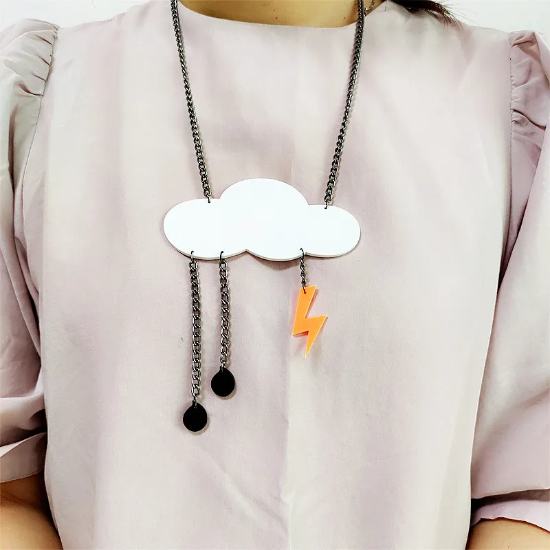 KUGUYS Large Long Rainy Day Pendant Necklace for Women Acrylic Raindrops White Clouds Lightning Tassel Jewelry Accessories